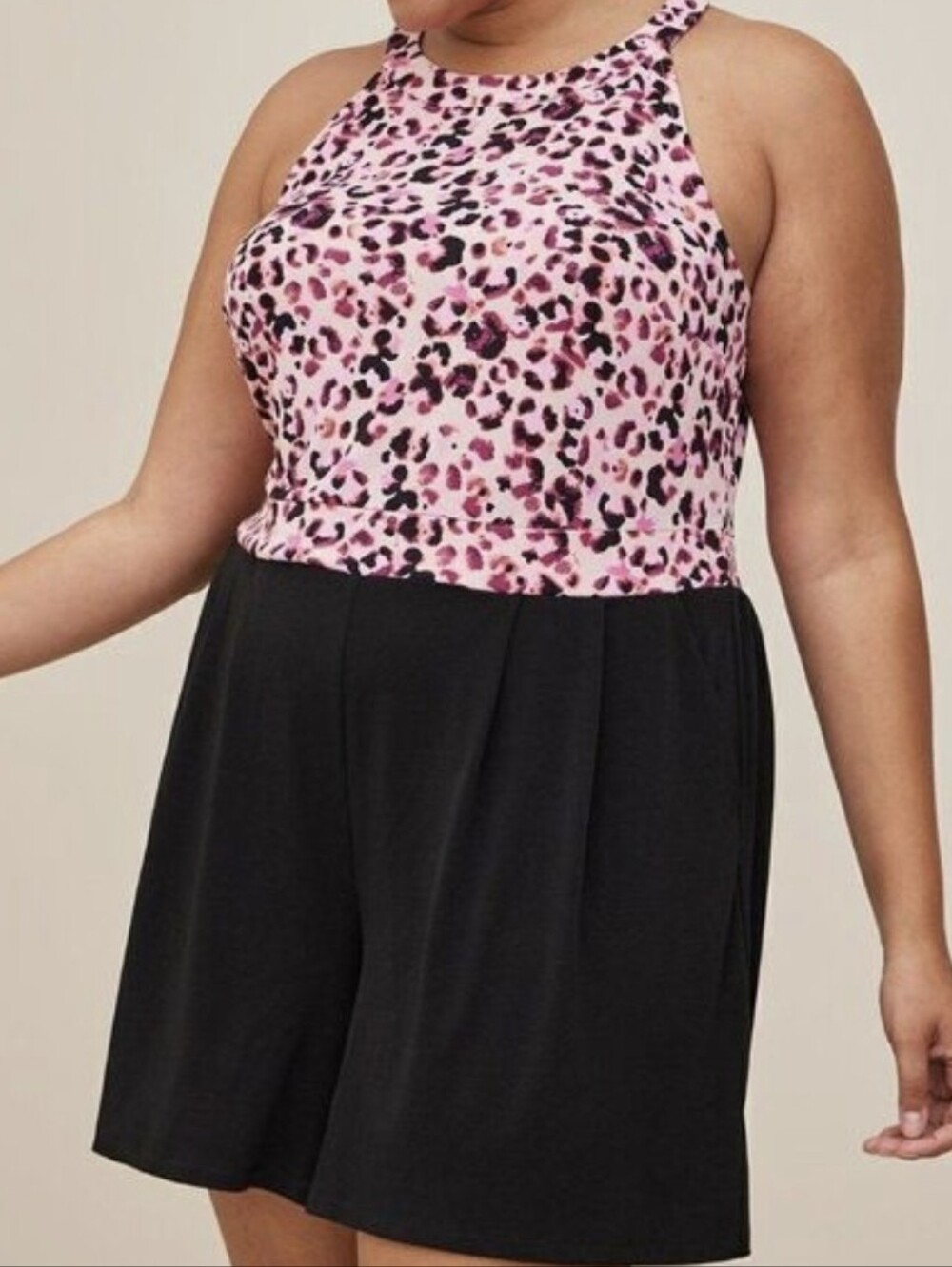Torrid Pink Leopard Halter Romper with Black Skorts Dress 1X 14 16